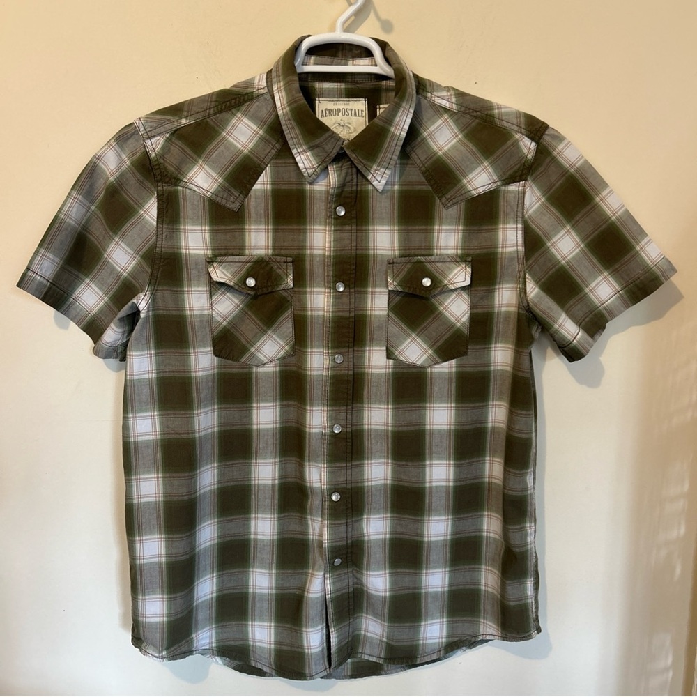 Aeropostale Pearl Snaps Shirt Men’s Large Short Sleeve Green Blue Plaid
Vintage